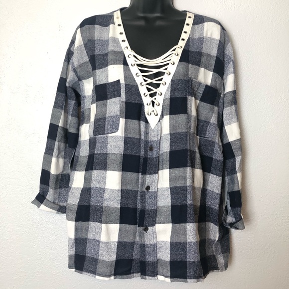 Miss Love Tops - MISS LOVE boho rope neckline plaid shirt blouse M